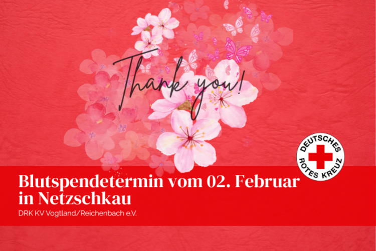Hintergrund aus rotem groben Papier, im Vordergrund rosa Kirschblüten, welche nach hinten verblassen, dazwischen Schmetterlinge und die Aufschrift: Thank you!