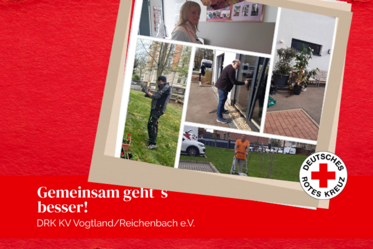 Mitarbeiter des DRK KV Vogtland/Reichenbach e.V. beim Frühjahrsputz im Quartiersgelände des Kreisverbandes.