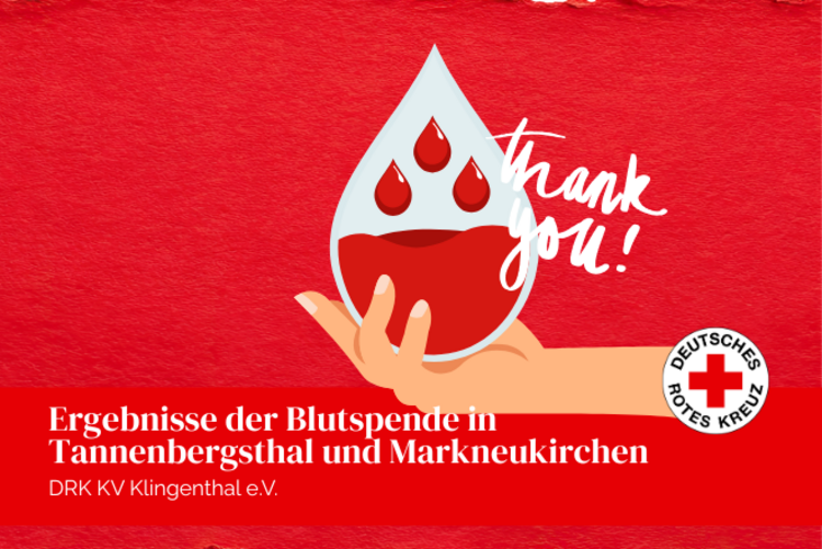 Roter Hintergrund, davor eine Grafik: eine Hand hält einen Bluttropfen in welchem sich kleine Bluttropfen befinden. Dazu steht thank you geschrieben.